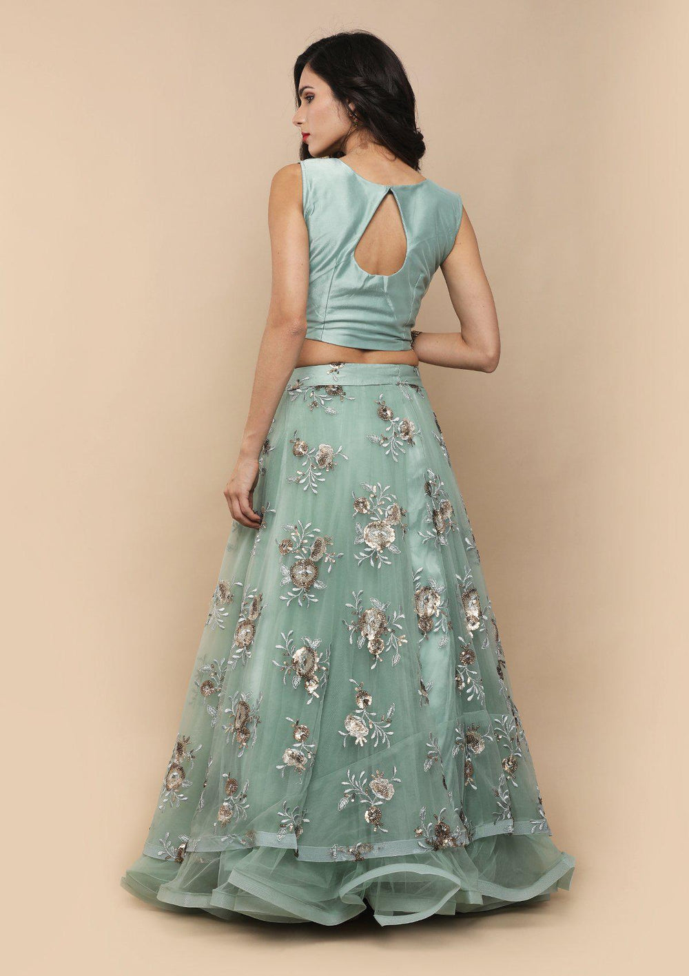 Sea Green Floral Net Designer Lehenga-Koskii