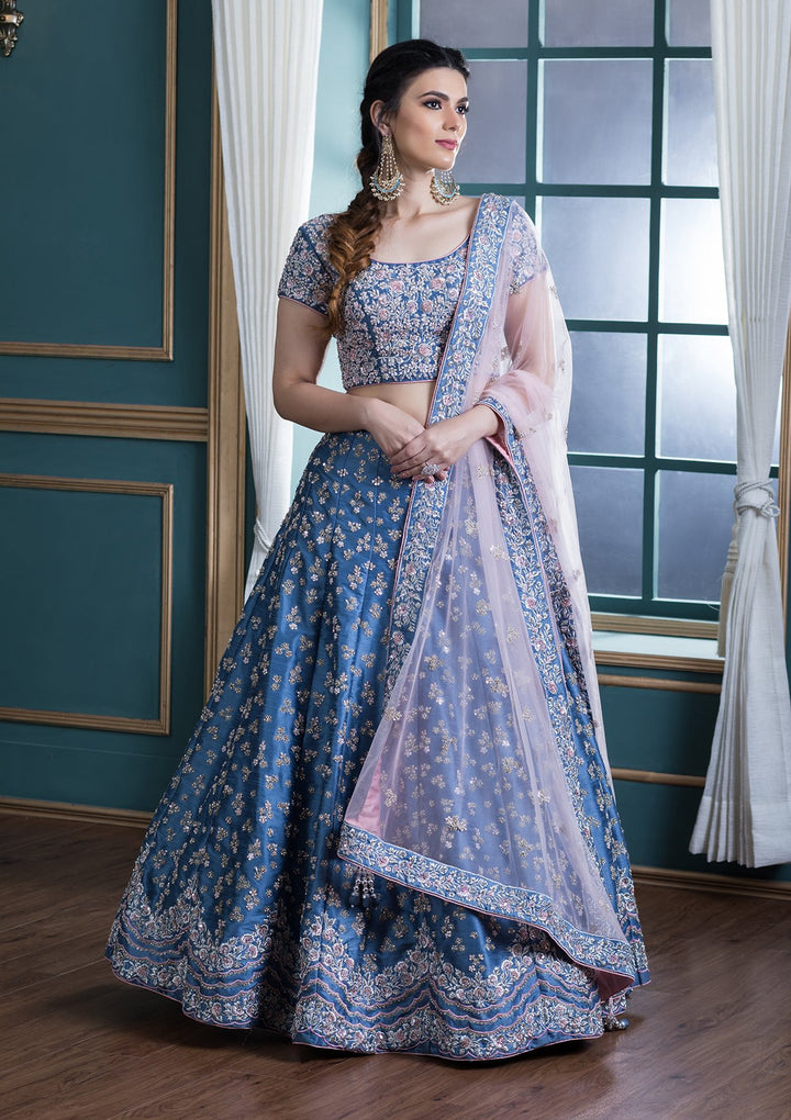 Blue Embellished Silk Designer Lehenga-Koskii