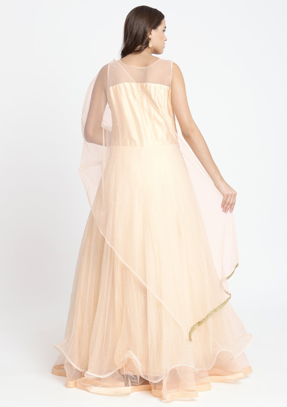 Peach Cutdana Net Designer Gown-Koskii