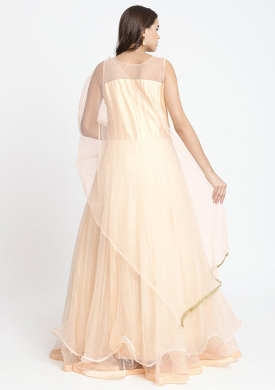 Peach Cutdana Net Designer Gown-Koskii