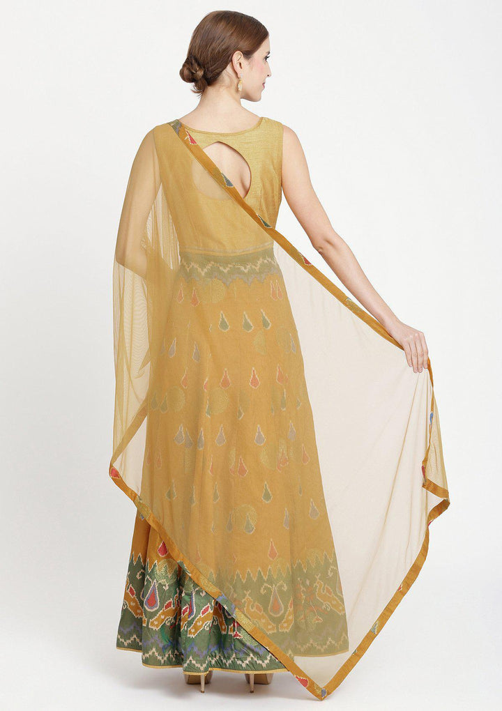 Mustard Stonework Banarasi Designer Gown-Koskii