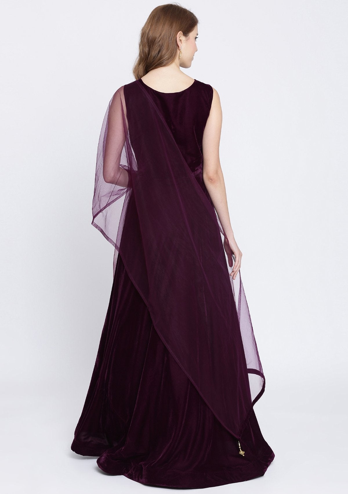 Wine Zardosi Velvet Designer Gown-Koskii