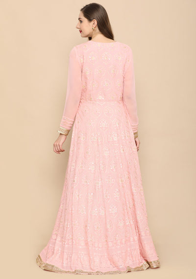 Baby Pink Zari Work Georgette Designer Gown-Koskii