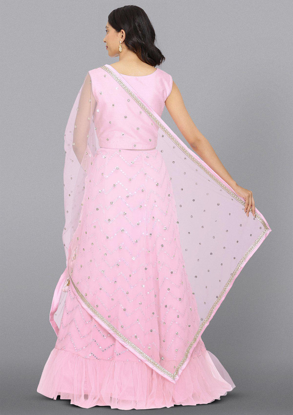 Baby Pink Mirrorwork Net Designer Lehenga-Koskii
