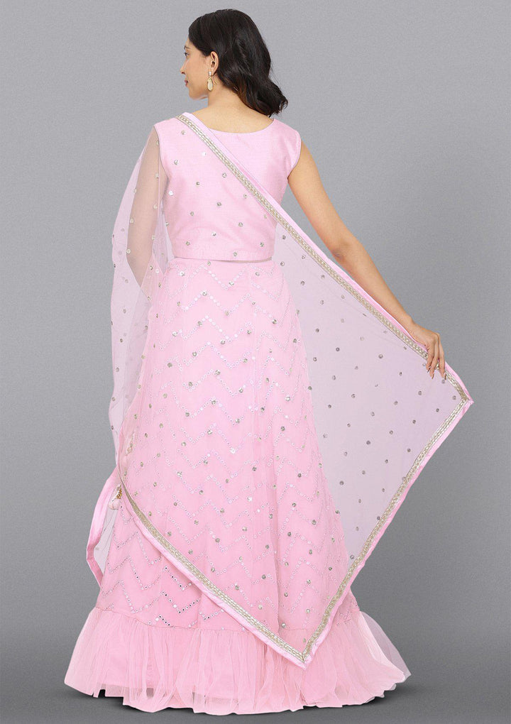 Baby Pink Mirrorwork Net Designer Lehenga-Koskii