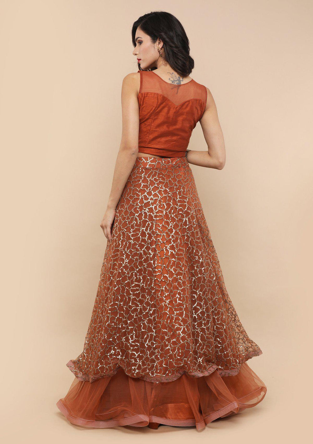 Rusty Orange Sequinned Silk Designer Lehenga-Koskii