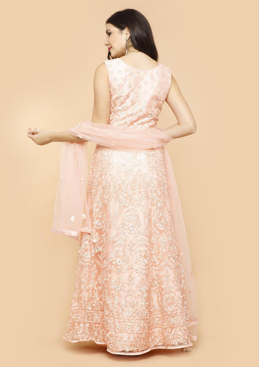 Peach Threadwork Net Designer Lehenga-Koskii