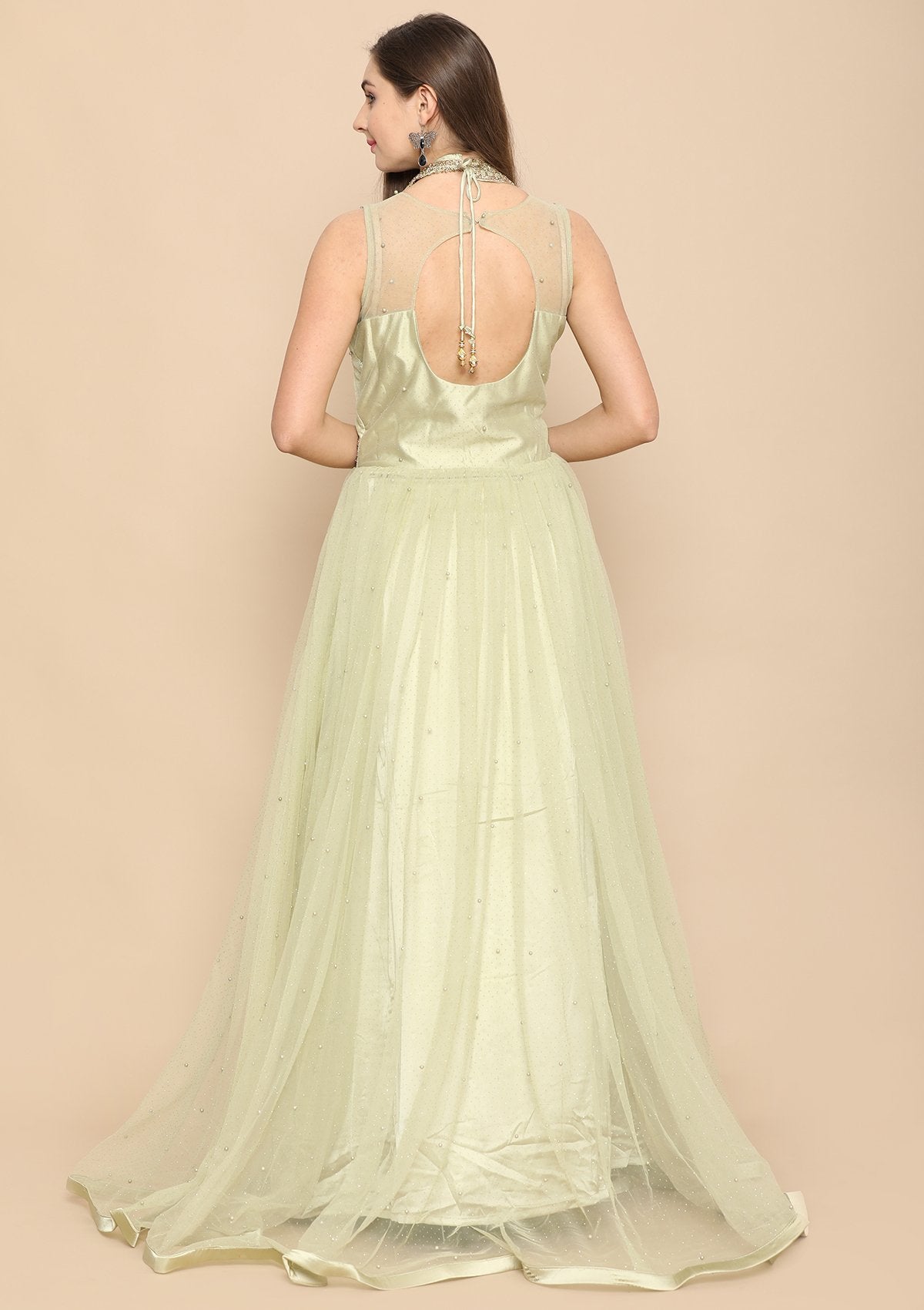 Pista Green Pearl Work Satin Designer Gown-Koskii