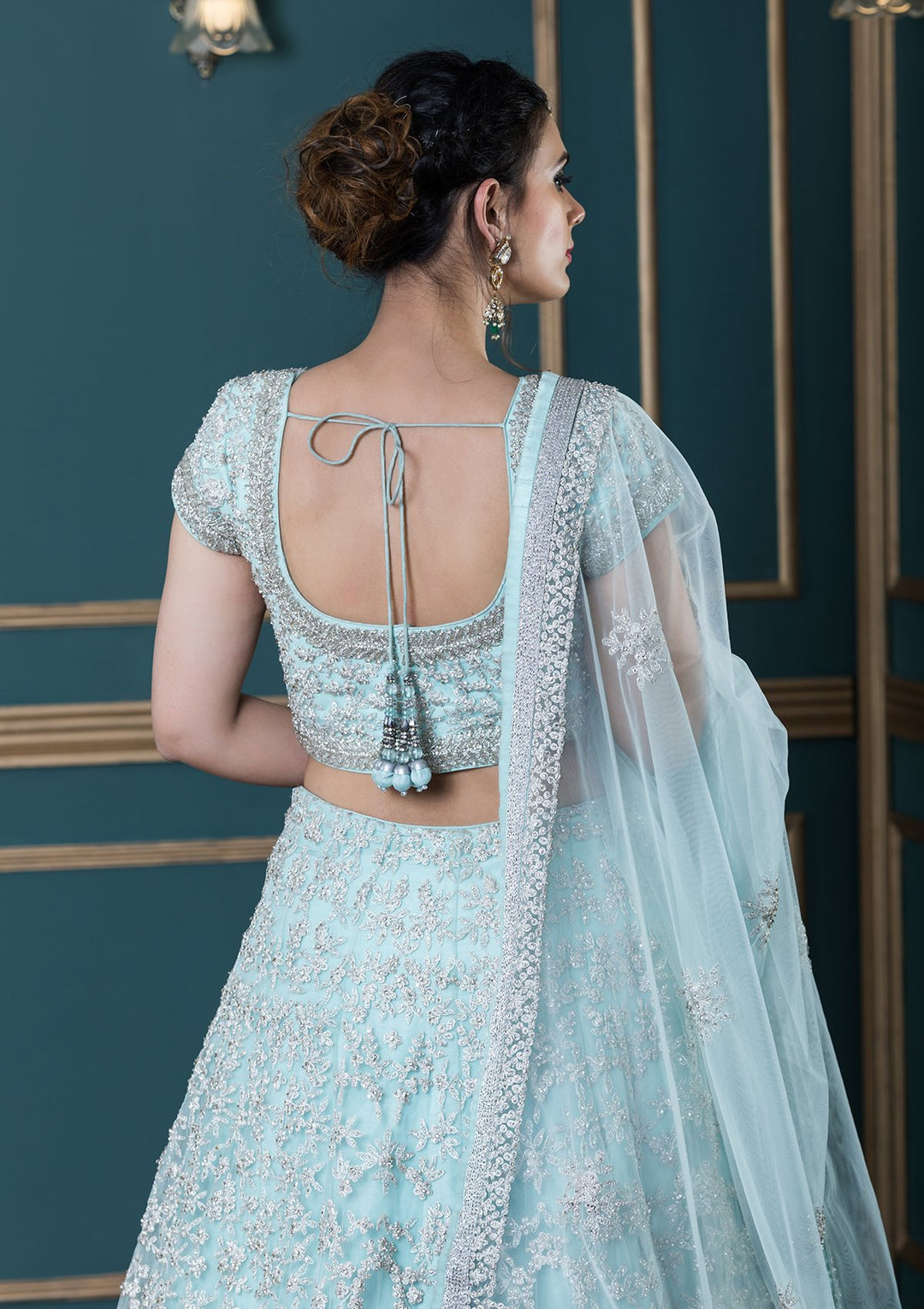 Powder Blue Sequinned Net Designer Lehenga-Koskii