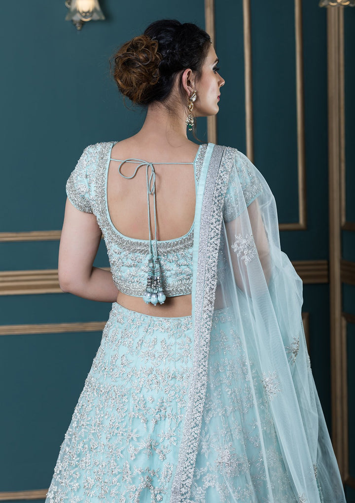 Powder Blue Sequinned Net Designer Lehenga-Koskii