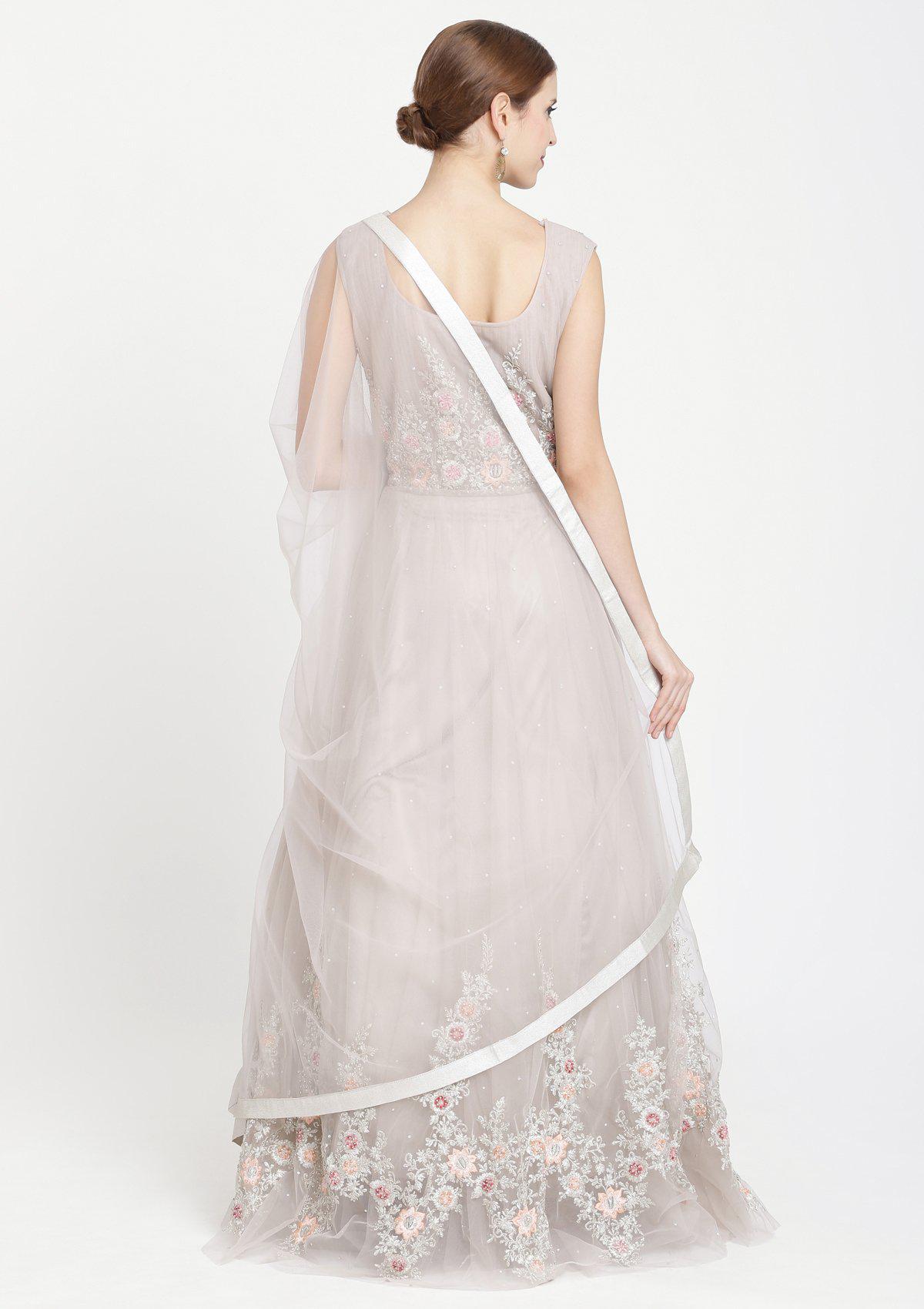 Light Grey Zariwork Net Designer Gown-Koskii