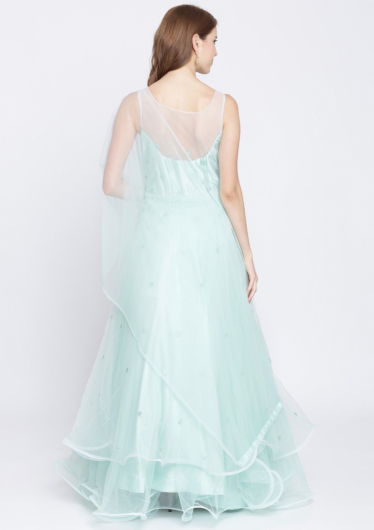 Sea Green Threadwork Net Designer Gown-Koskii