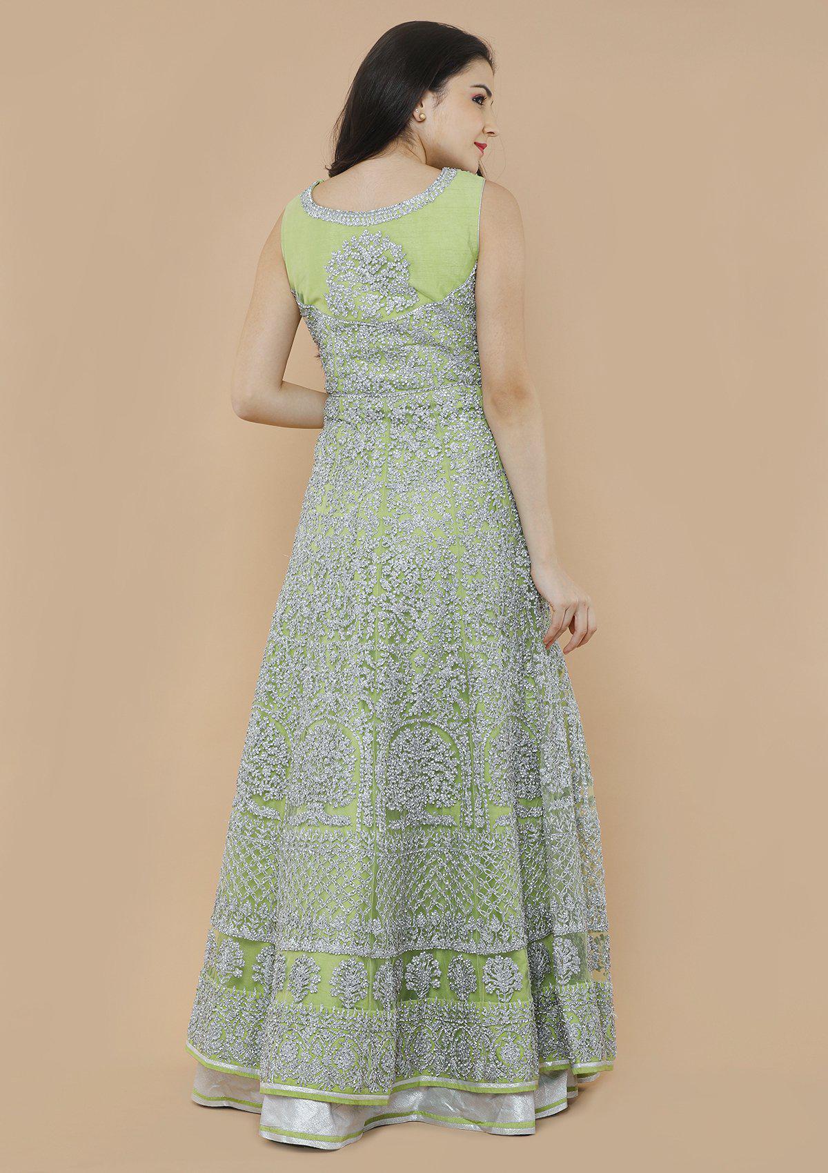 Green and Silver Net Designer Gown-Koskii
