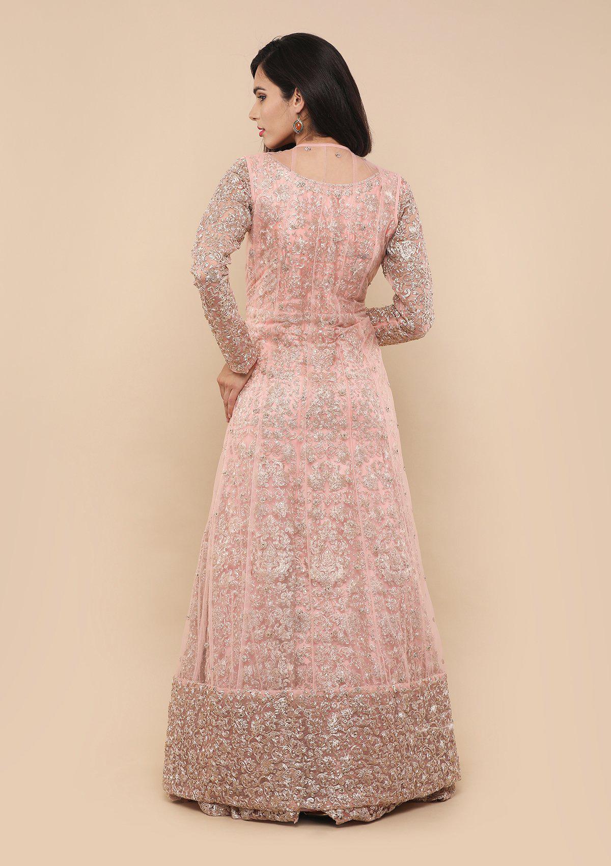 Pink Floral Jacket Net Designer Gown-Koskii