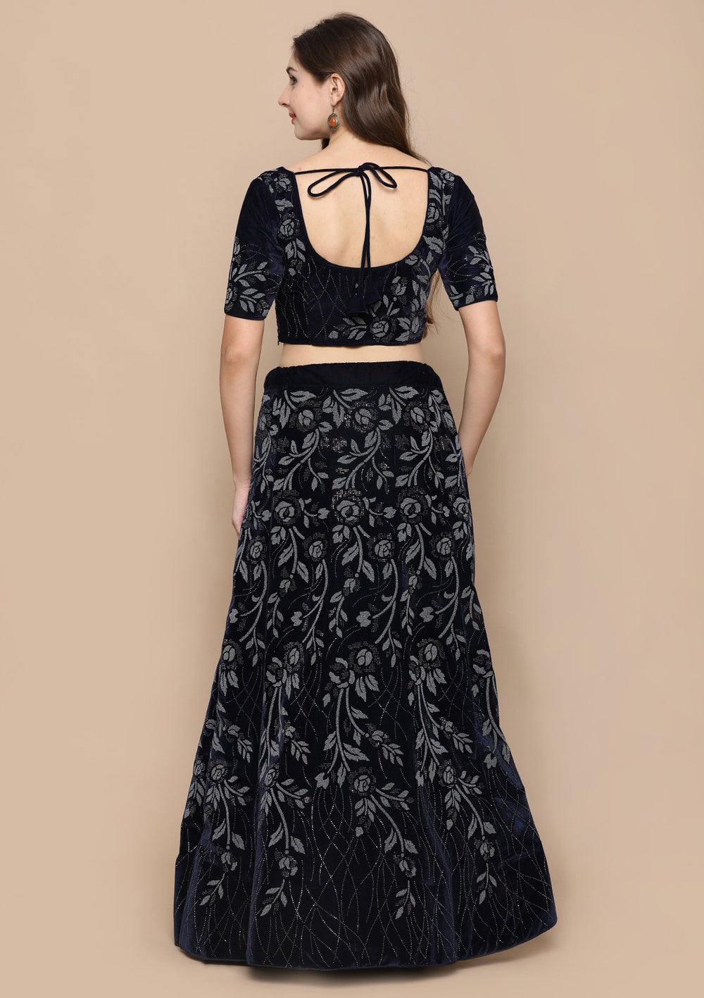 Black Stone Appliqued Velvet Designer Lehenga-Koskii