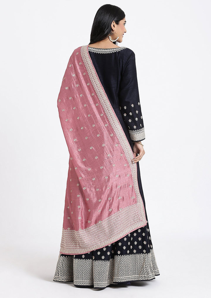 Navy Blue Zari Work Rawsilk Designer Gown-Koskii