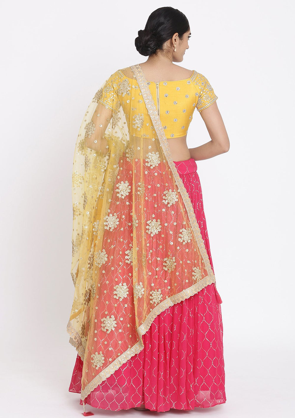 Rani Pink And Yellow Gotapatti Georgette Designer Lehenga - koskii