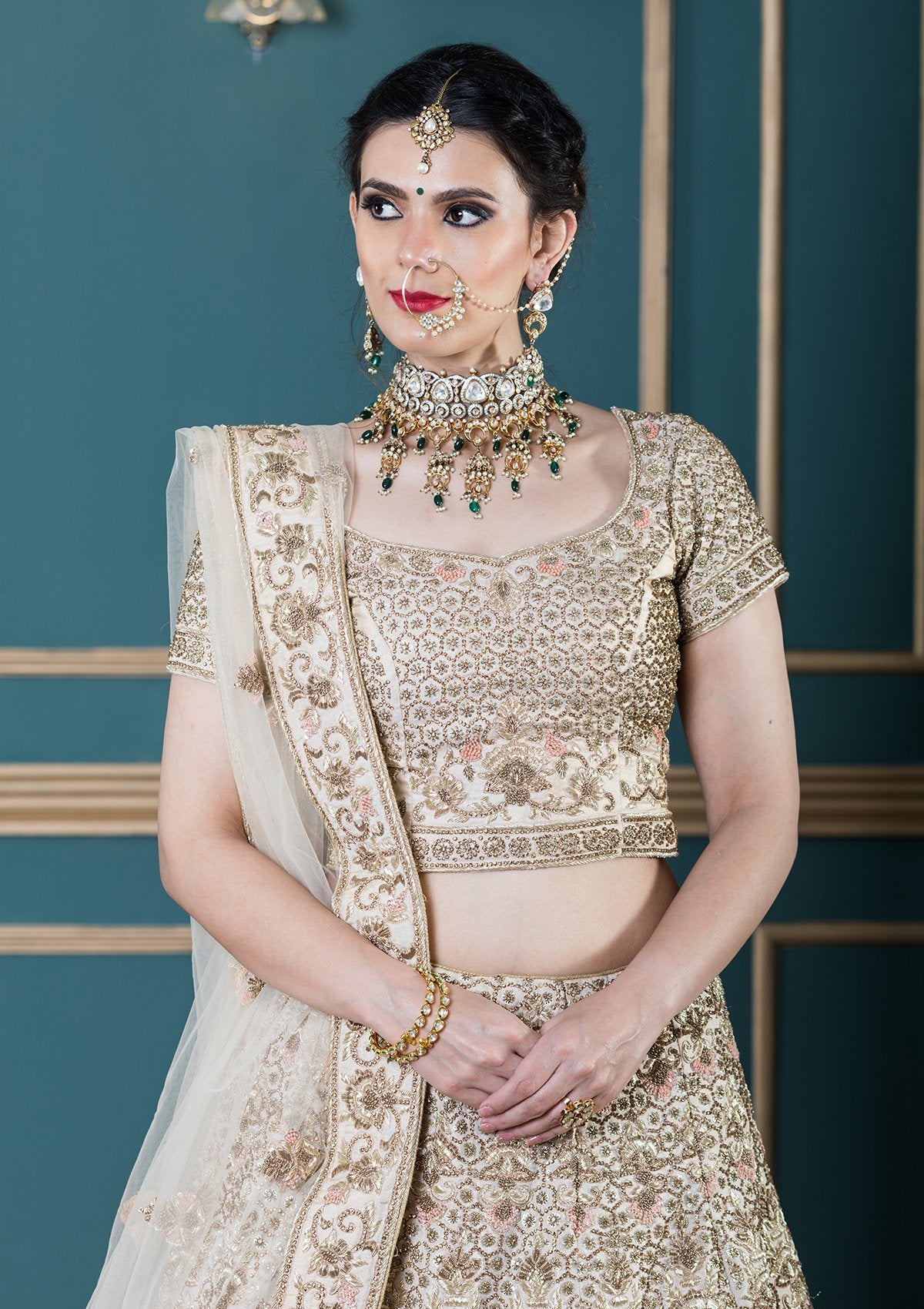 Beige Silk Zardozi Work Designer Lehenga-Koskii