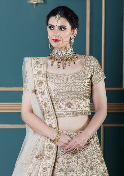 Beige Silk Zardozi Work Designer Lehenga-Koskii