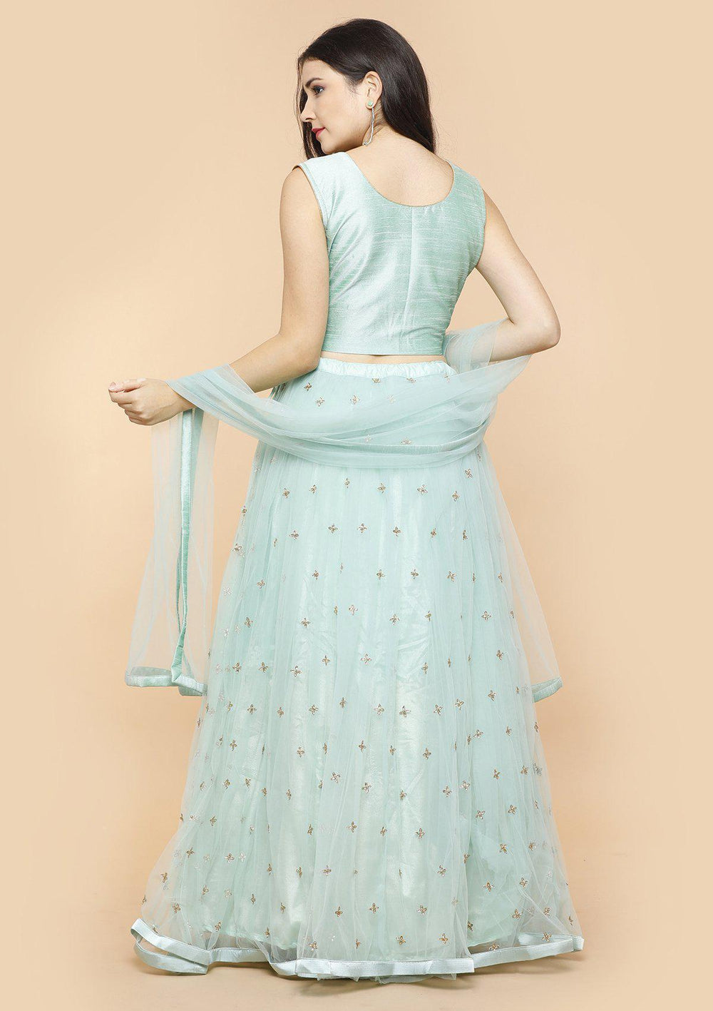 Sea Green Embellished Silk Designer Lehenga-Koskii