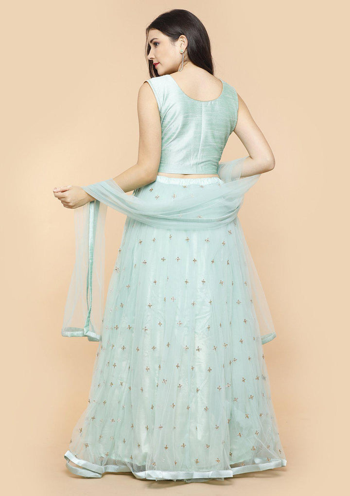 Sea Green Embellished Silk Designer Lehenga-Koskii