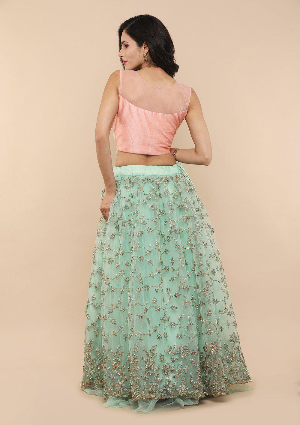 Pink and Pista Green Net Designer Lehenga-Koskii