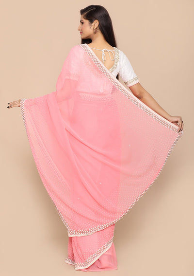Pink Pearlwork Georgette Designer Saree-Koskii