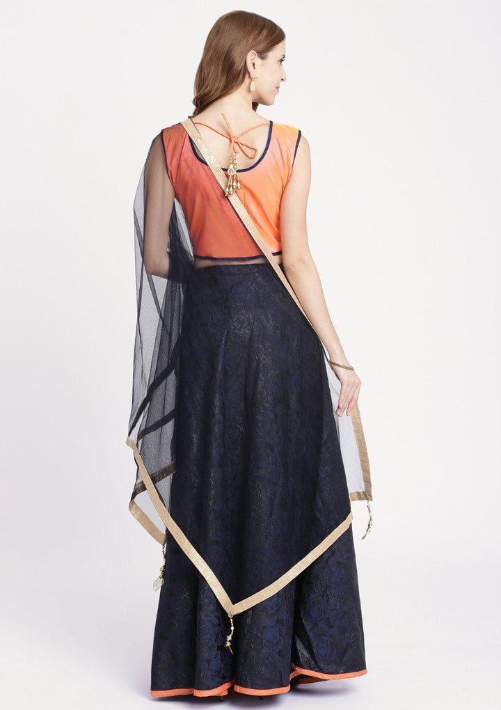 Navy Blue Pearlwork Rawsilk Designer Lehenga-Koskii