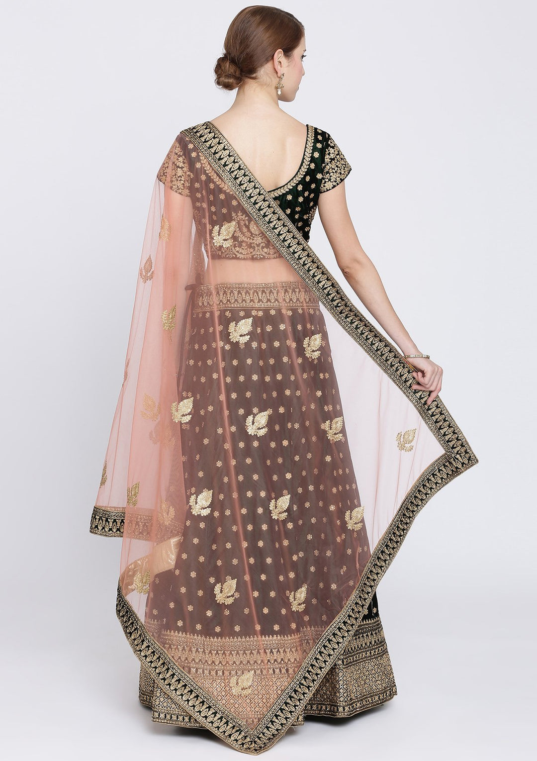 Bottle Green Zariwork Velvet Designer Lehenga-Koskii