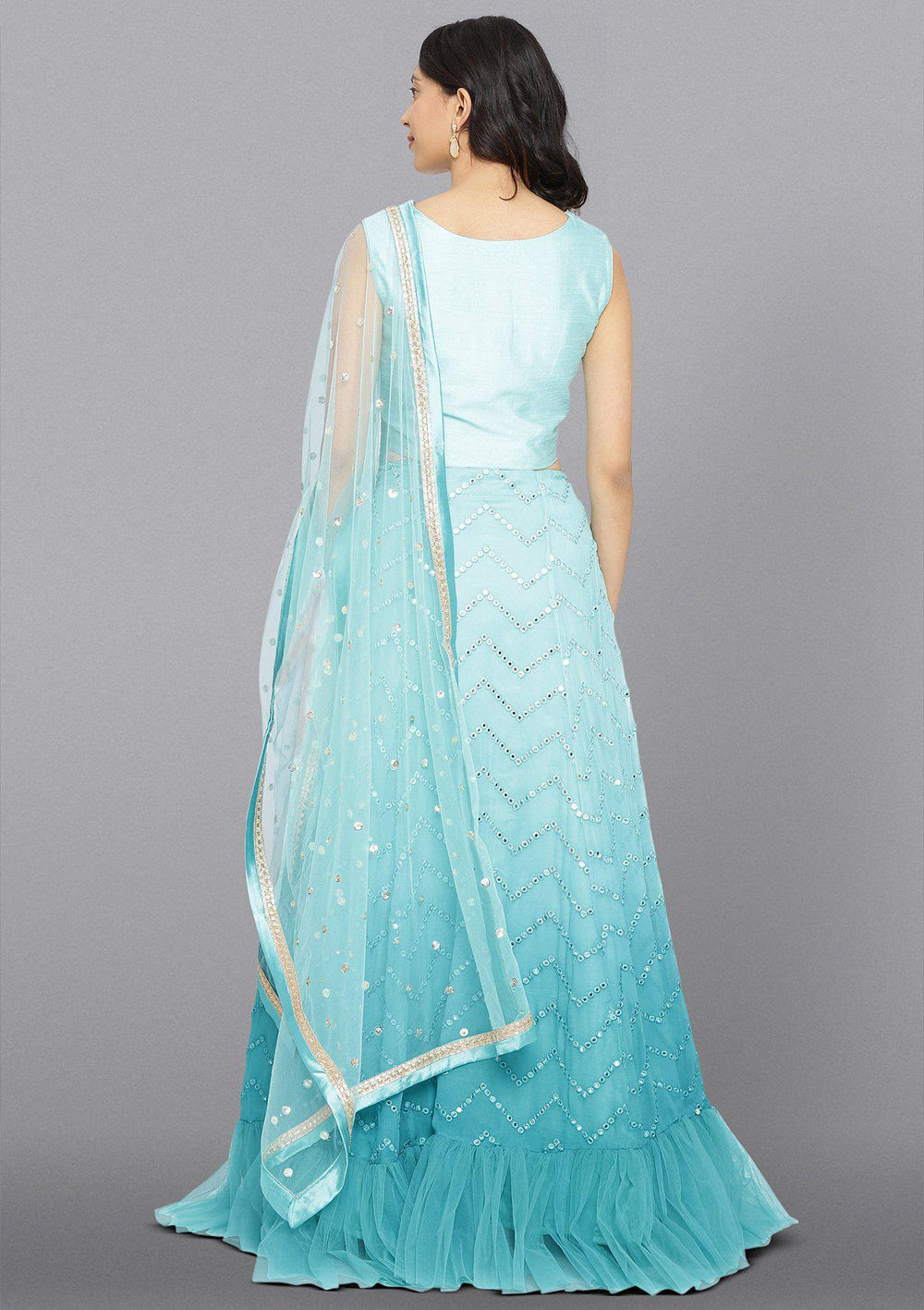 Sea Green Mirrorwork Net Designer Lehenga-Koskii