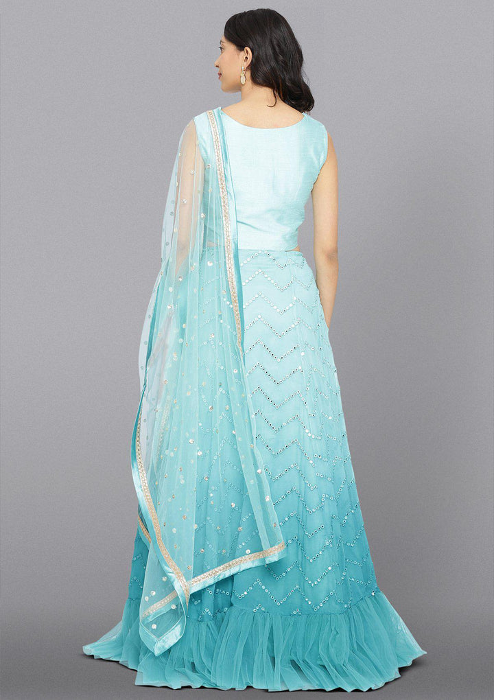 Sea Green Mirrorwork Net Designer Lehenga-Koskii