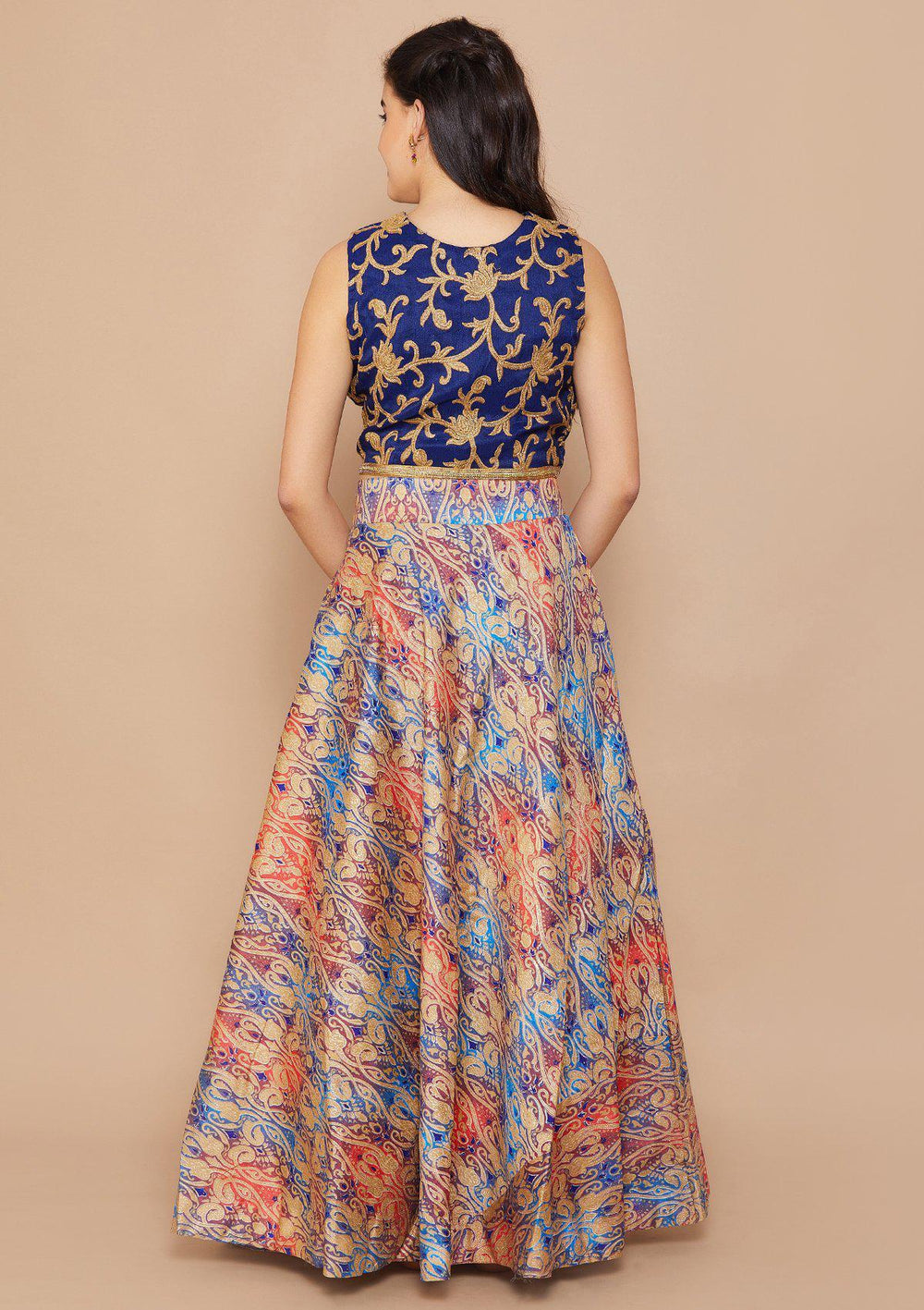 Blue and Gold Brocade Designer Lehenga-Koskii