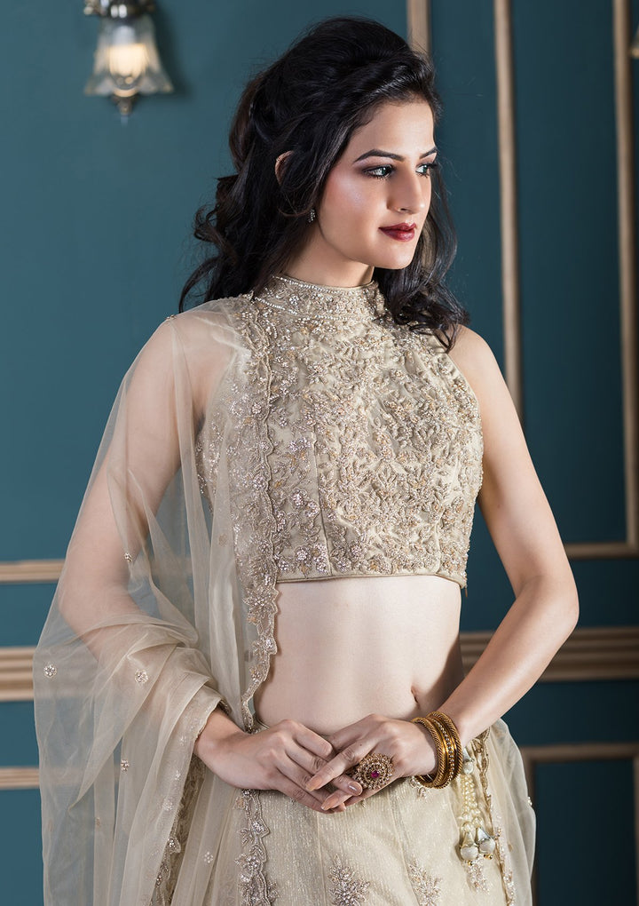 Beige Sequinned Net Designer Lehenga-Koskii