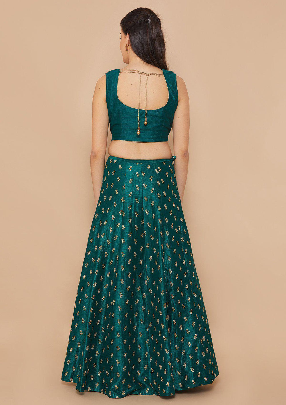 Koskii Zariwork Raw Silk Forest Green Lehenga-Koskii