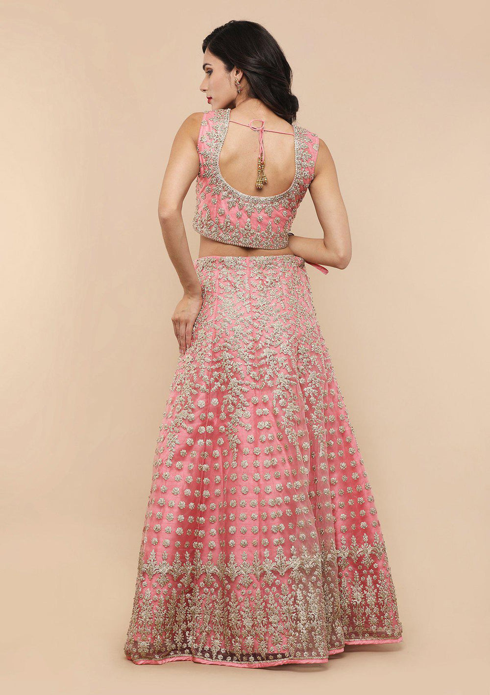 Pink Thread Work Net Designer Lehenga-Koskii