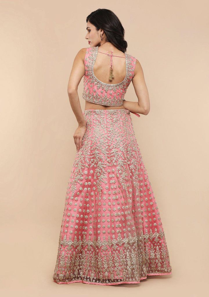 Pink Thread Work Net Designer Lehenga-Koskii