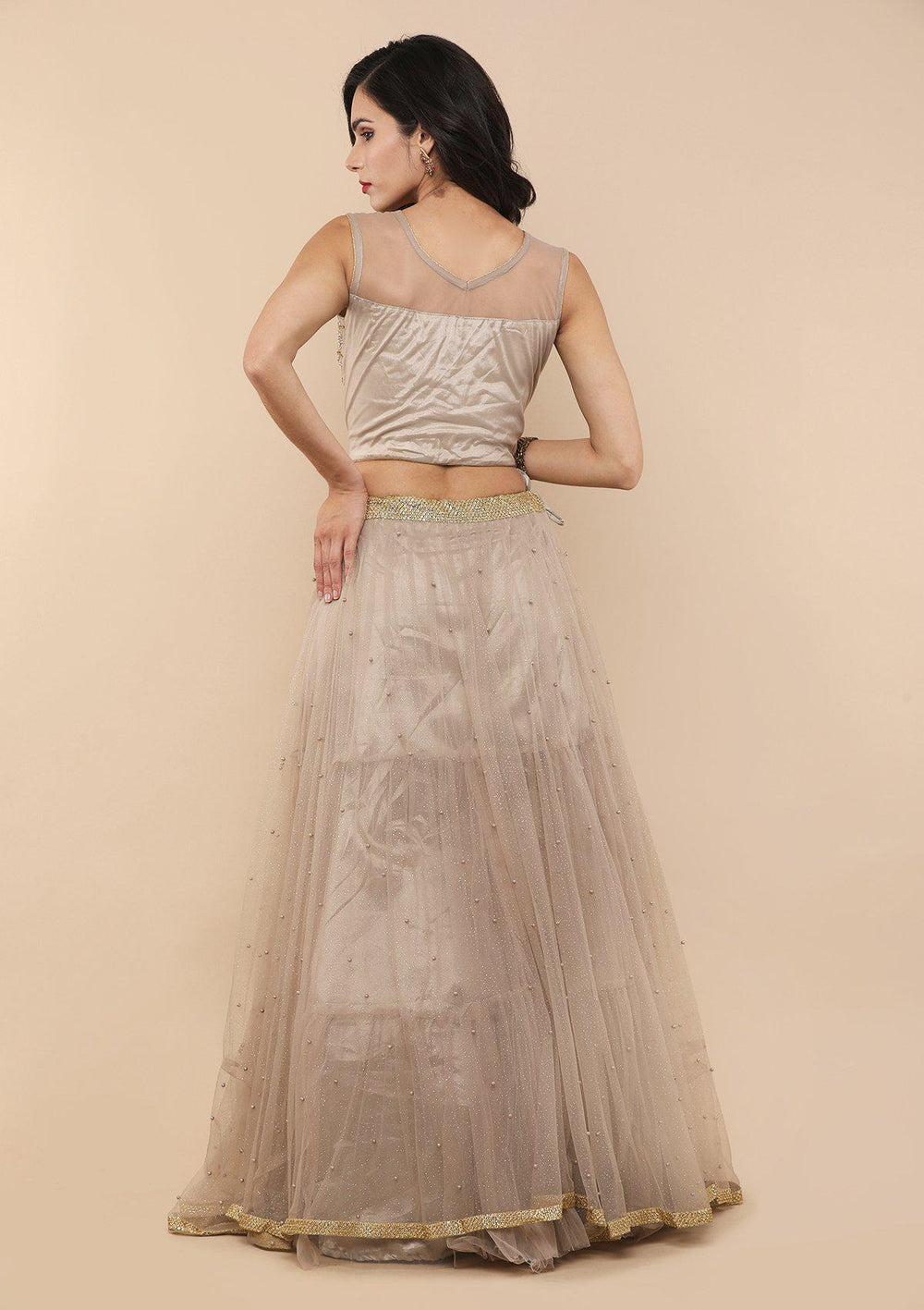 KOSKII BEIGE CUTDANA AND PEARL LEHENGA-Koskii