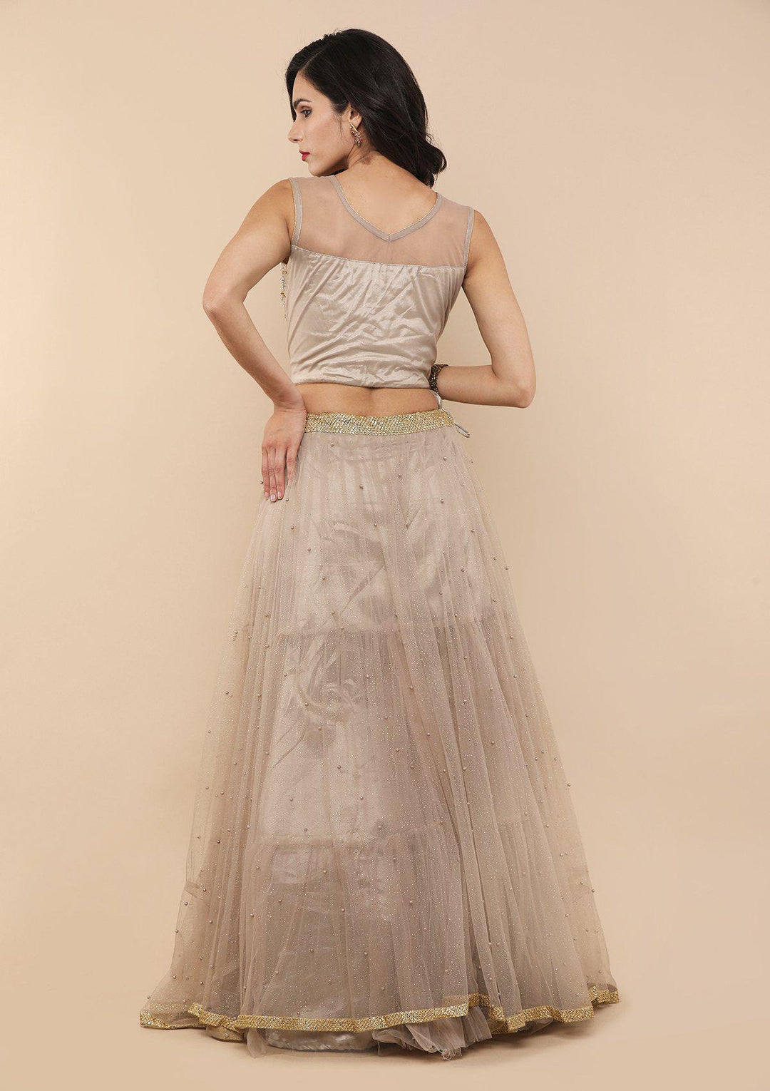 KOSKII BEIGE CUTDANA AND PEARL LEHENGA-Koskii