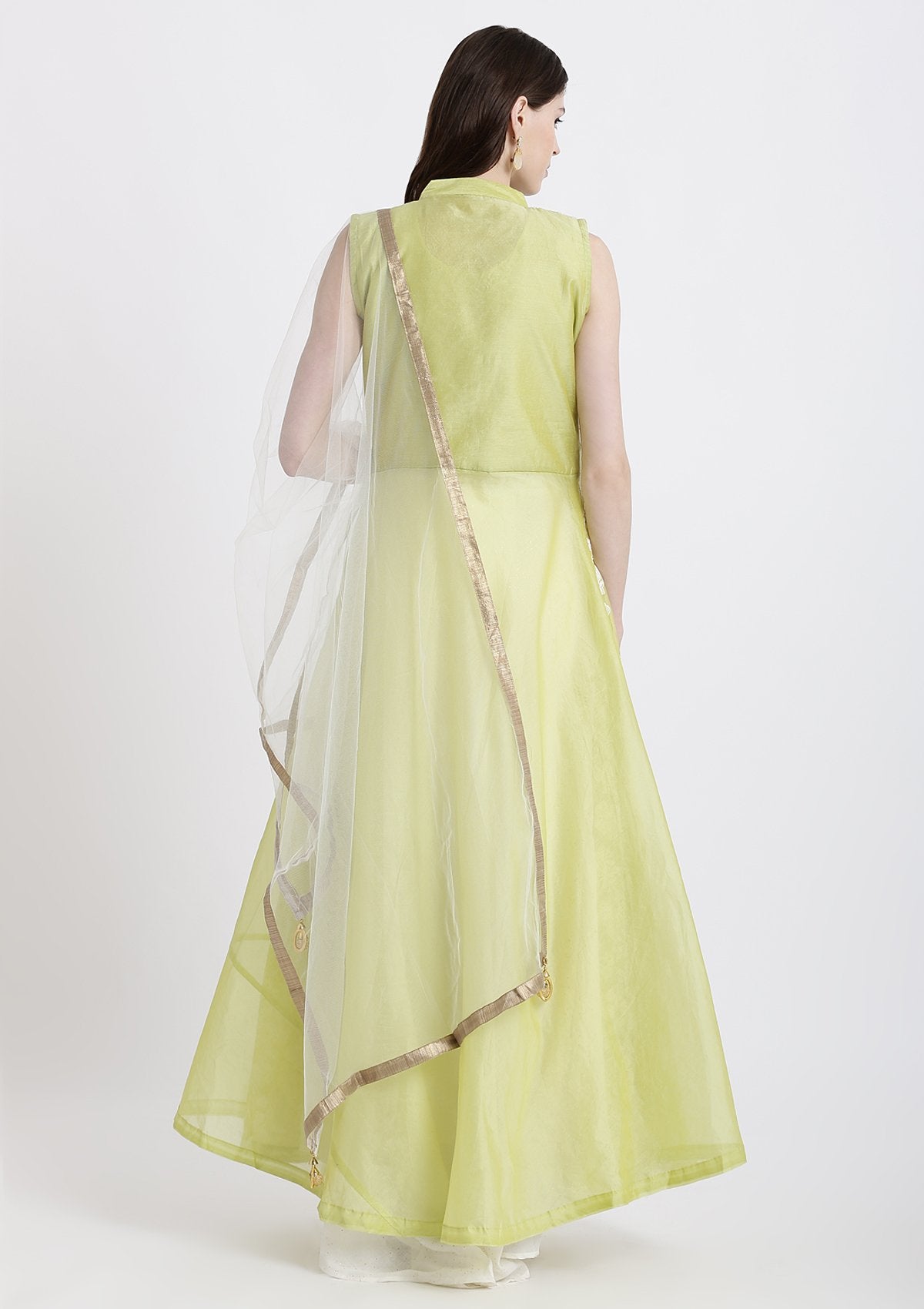 Parrot Green Threadwork Chanderi Designer Gown-Koskii