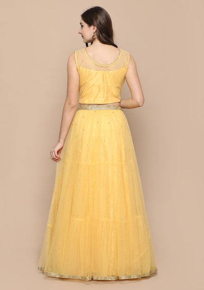 Yellow Shimmer Appliqu???Ìâ?å©d Silk Designer Lehenga-Koskii