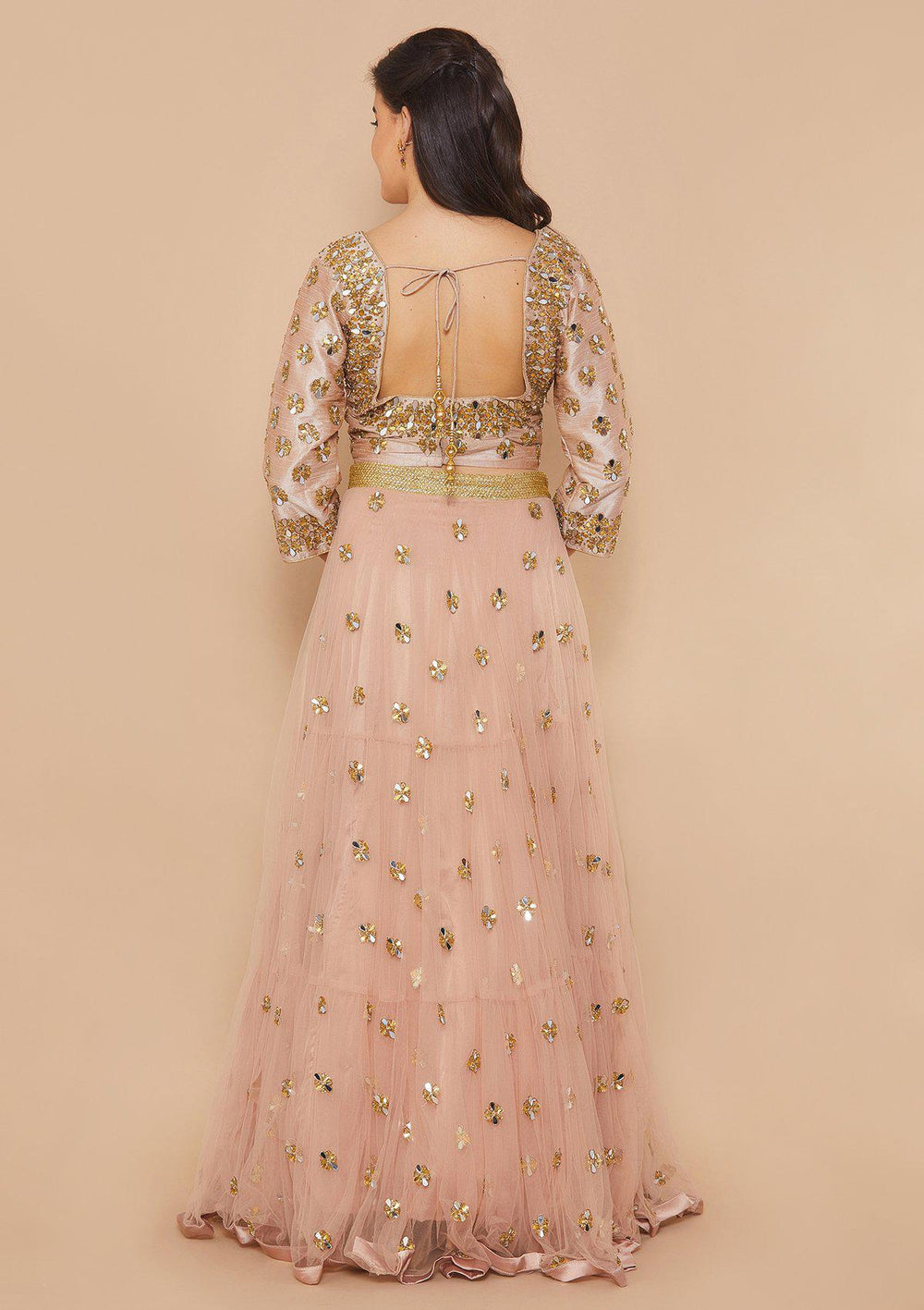 Dusty Rose Mirrorwork Net Designer Lehenga-Koskii