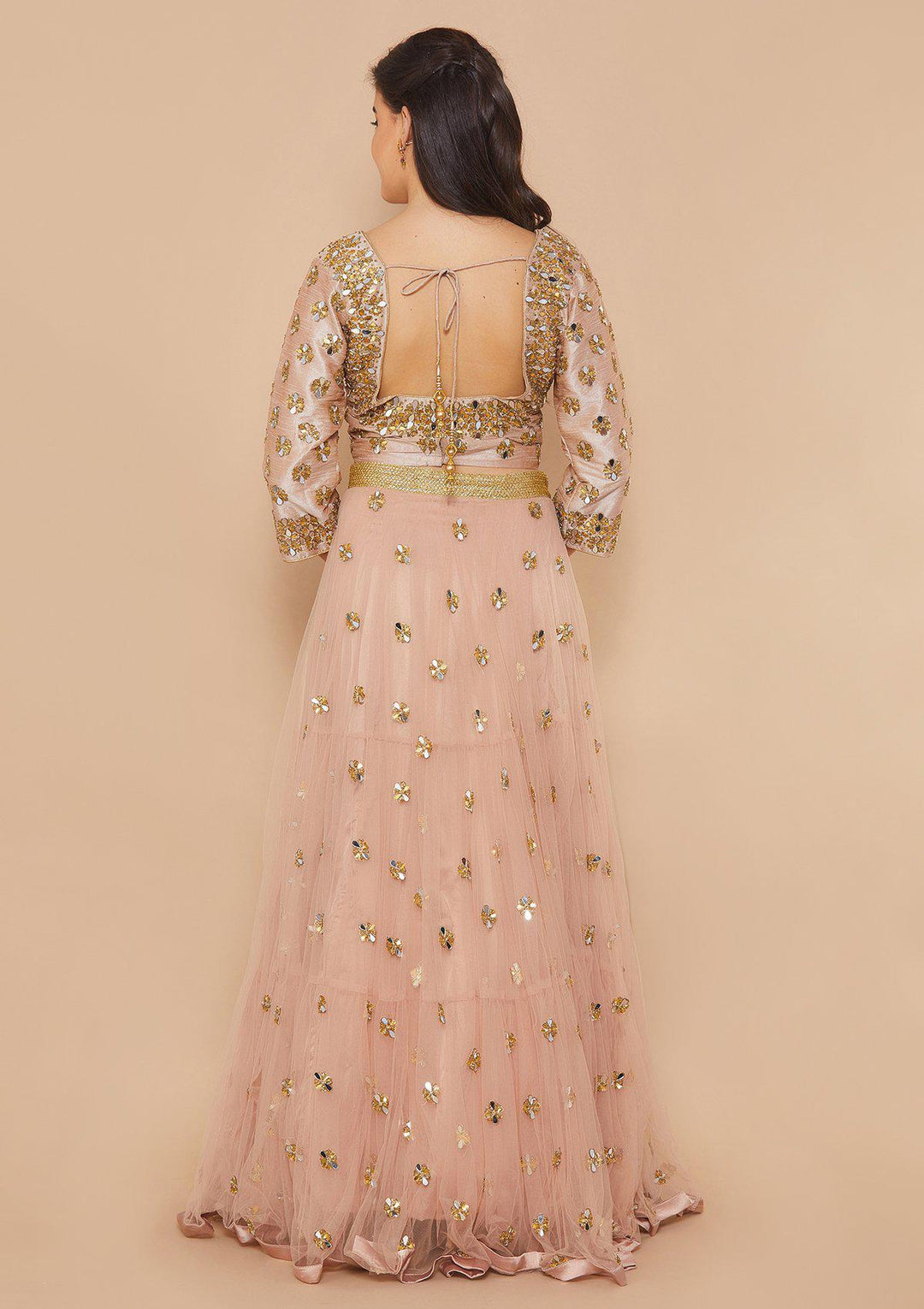 Dusty Rose Mirrorwork Net Designer Lehenga-Koskii