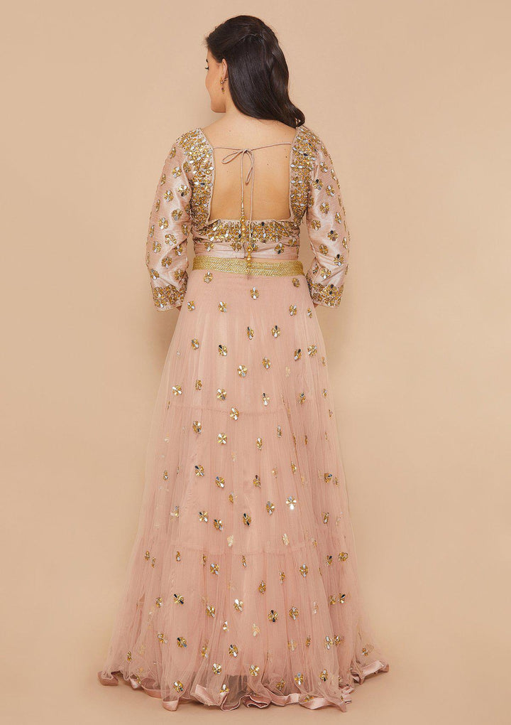 Dusty Rose Mirrorwork Net Designer Lehenga-Koskii