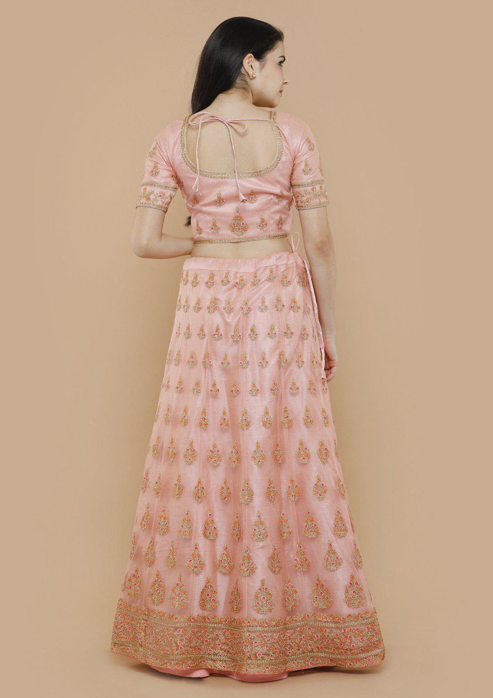 koskii pink net floral work lehenga-Koskii