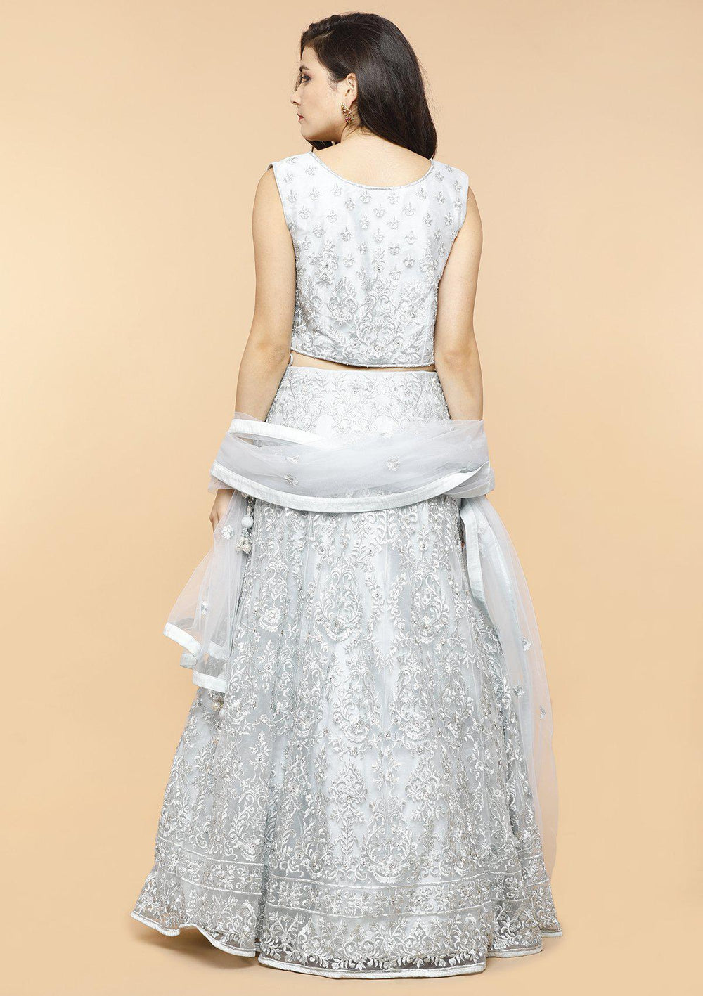 Steel Grey Threadwork Net Designer Lehenga-Koskii