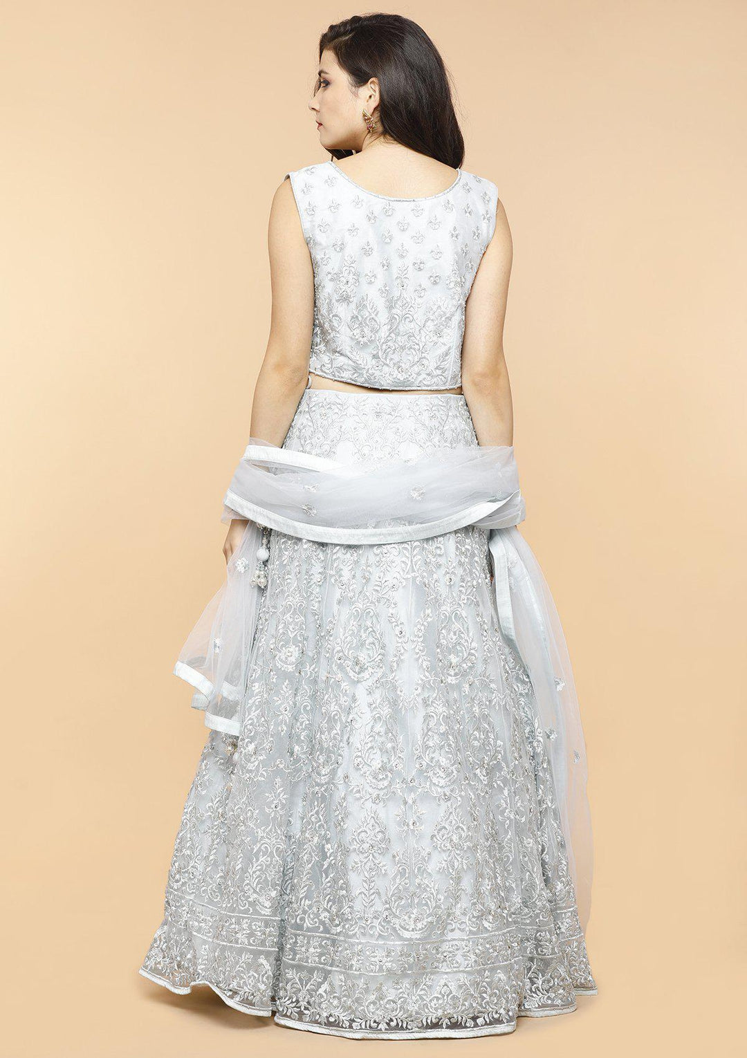 Steel Grey Threadwork Net Designer Lehenga-Koskii