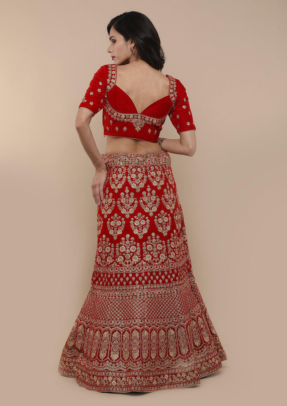 Red Embellished Velvet Designer Lehenga-Koskii