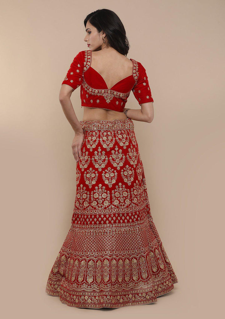 Red Embellished Velvet Designer Lehenga-Koskii