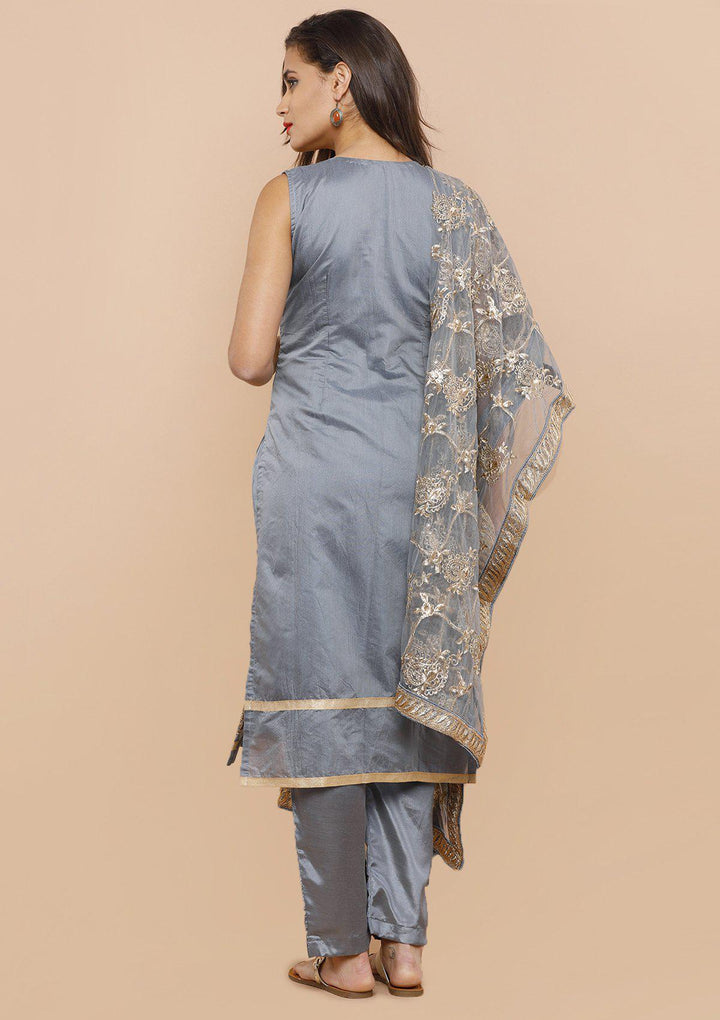 Grey Stone Work Chanderi Silk Designer Salwar Suit-Koskii