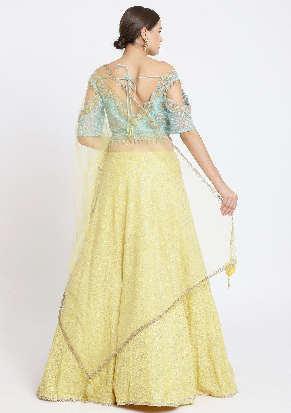 Yellow and Sea Green Chikankari Georgette Designer Lehenga-Koskii